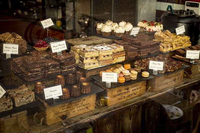 A selection of wonderful baked goods in display cases.