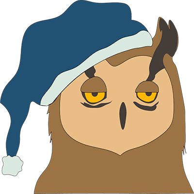 A picture of an owl with dark circles under his eyes and a night cap on.